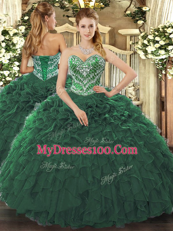 Floor Length Dark Green Sweet 16 Dress Sweetheart Sleeveless Lace Up