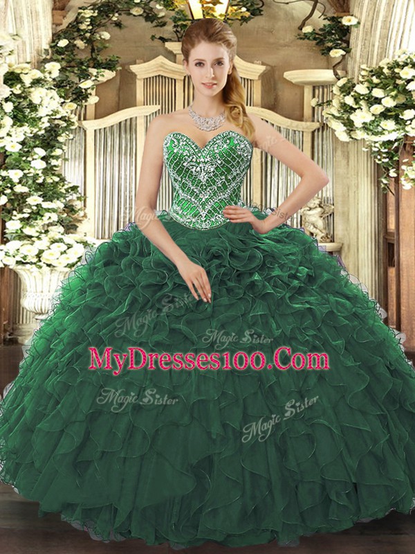 Floor Length Dark Green Sweet 16 Dress Sweetheart Sleeveless Lace Up