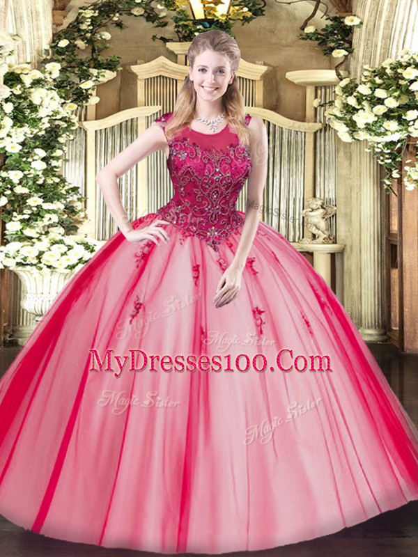 Red Tulle Zipper Scoop Sleeveless Floor Length Quinceanera Dresses Beading