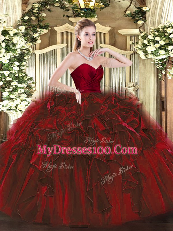 Decent Wine Red Sleeveless Ruffles Floor Length Quince Ball Gowns