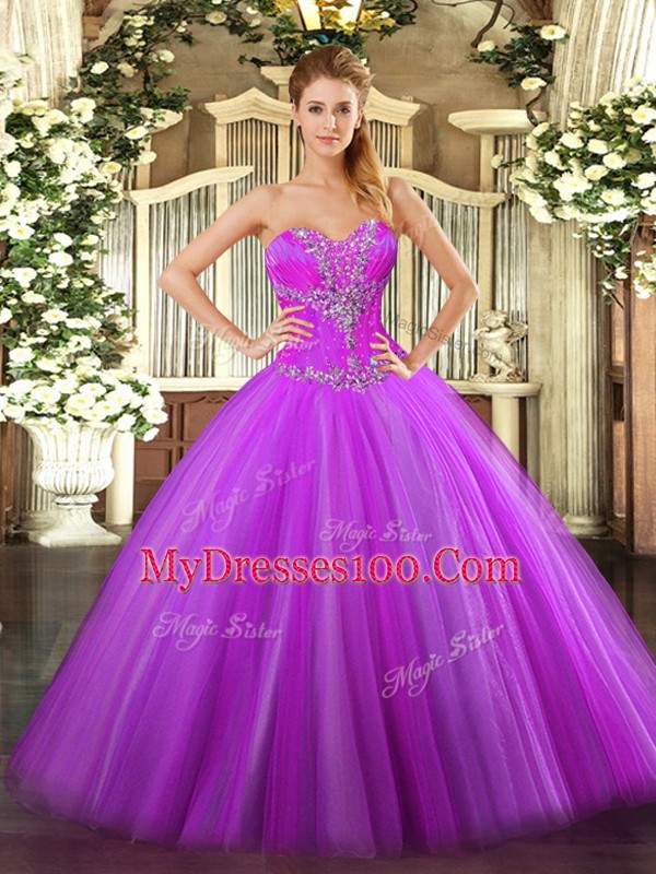 Sweetheart Sleeveless Zipper 15th Birthday Dress Fuchsia Tulle