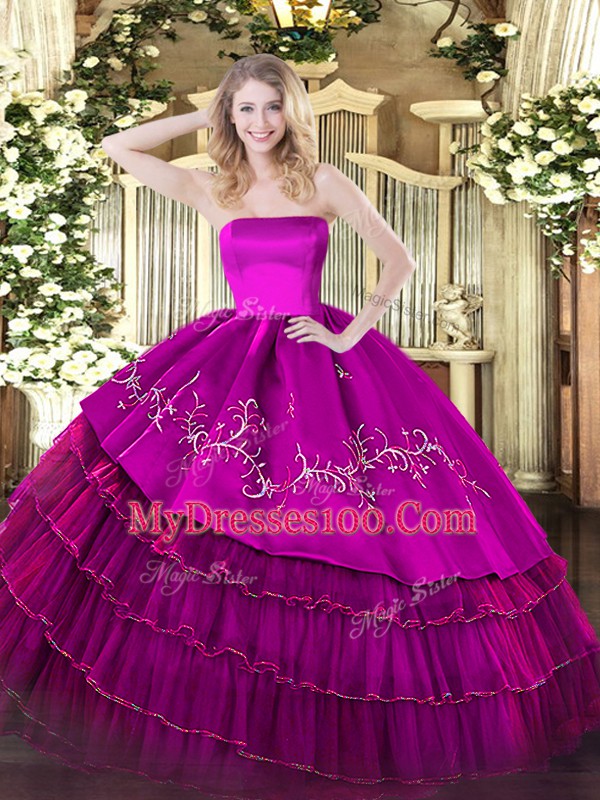 Fuchsia Sleeveless Floor Length Embroidery and Ruffled Layers Zipper Sweet 16 Dress