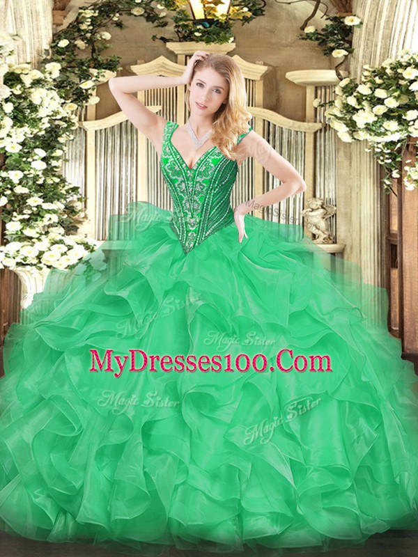 Sumptuous Green V-neck Neckline Beading and Ruffles 15th Birthday Dress Sleeveless Lace Up