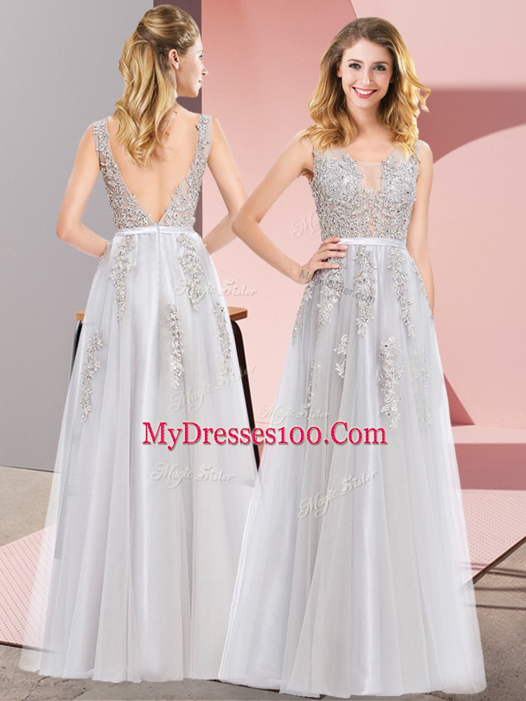 Fashionable Empire Evening Dress Grey Square Tulle Sleeveless Floor Length Backless