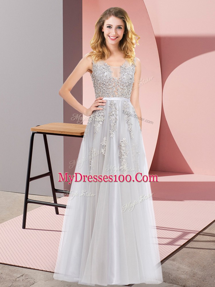 Fashionable Empire Evening Dress Grey Square Tulle Sleeveless Floor Length Backless