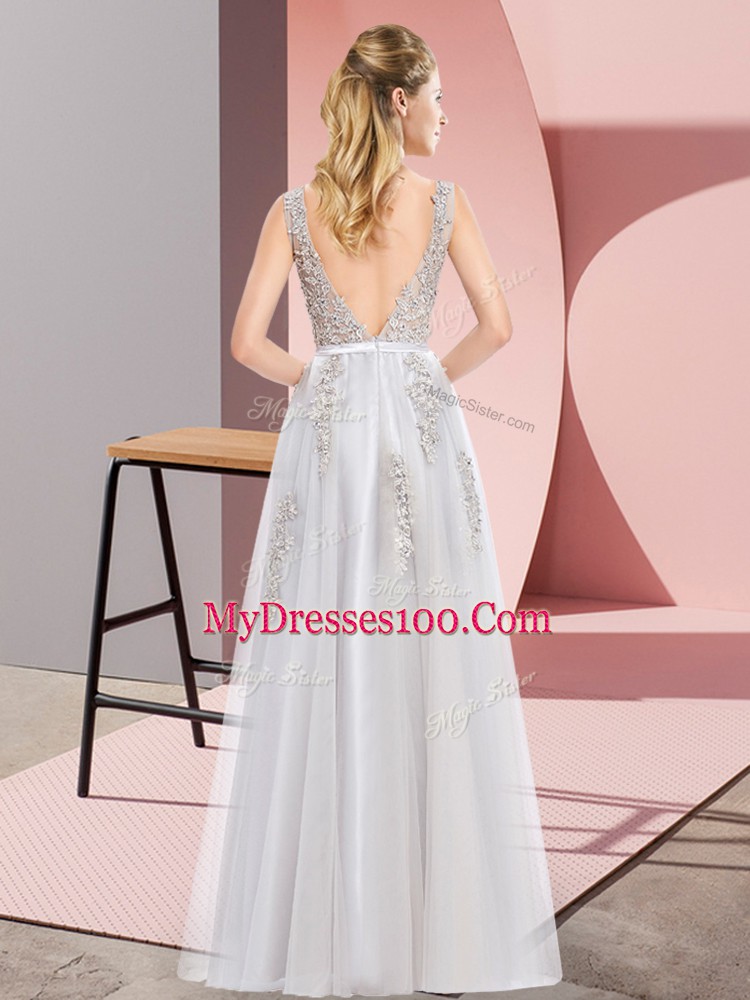 Fashionable Empire Evening Dress Grey Square Tulle Sleeveless Floor Length Backless