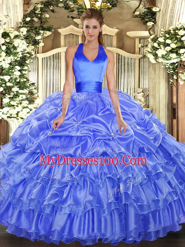 Luxurious Sleeveless Organza Floor Length Lace Up Quinceanera Gown in Blue with Ruffled Layers and Pick Ups