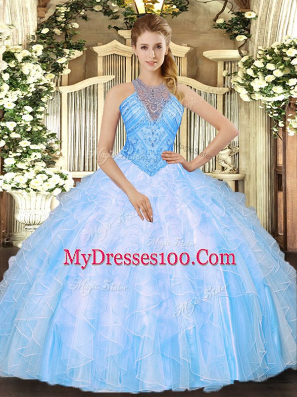 Modest Baby Blue Quinceanera Gowns Military Ball and Sweet 16 and Quinceanera with Beading and Ruffles High-neck Sleeveless Lace Up