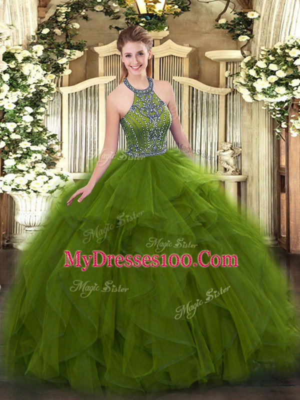 Cheap Olive Green Halter Top Lace Up Beading and Ruffles Vestidos de Quinceanera Sleeveless