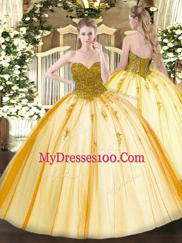 Customized Floor Length Ball Gowns Sleeveless Gold 15th Birthday Dress Lace Up