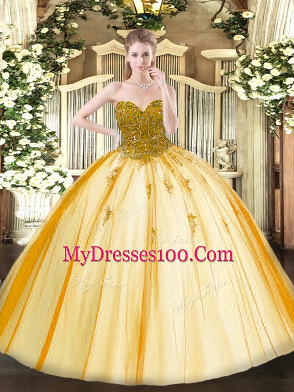 Customized Floor Length Ball Gowns Sleeveless Gold 15th Birthday Dress Lace Up