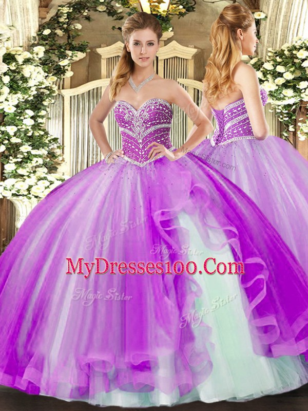 Low Price Tulle Sweetheart Sleeveless Lace Up Beading and Ruffles Quince Ball Gowns in Lavender