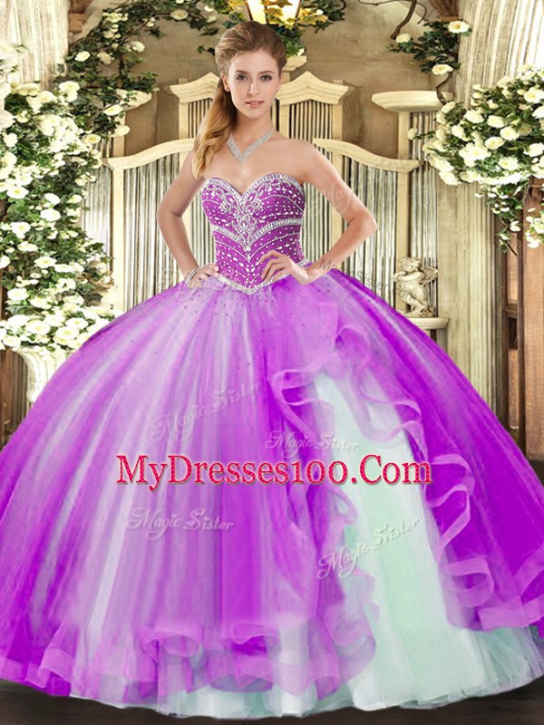 Low Price Tulle Sweetheart Sleeveless Lace Up Beading and Ruffles Quince Ball Gowns in Lavender