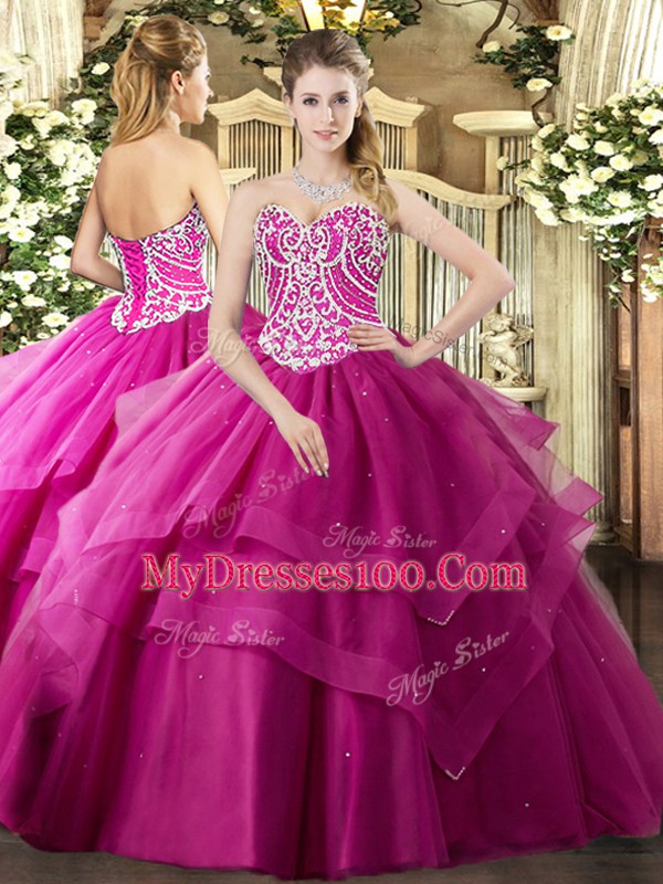 Fuchsia Sleeveless Tulle Lace Up 15 Quinceanera Dress for Military Ball and Sweet 16 and Quinceanera