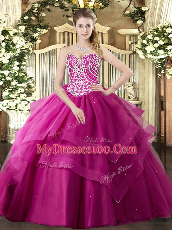 Fuchsia Sleeveless Tulle Lace Up 15 Quinceanera Dress for Military Ball and Sweet 16 and Quinceanera