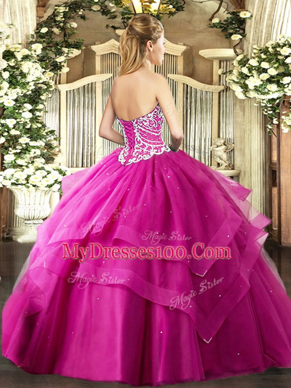 Fuchsia Sleeveless Tulle Lace Up 15 Quinceanera Dress for Military Ball and Sweet 16 and Quinceanera
