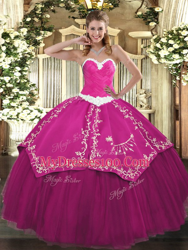 Extravagant Fuchsia Satin and Tulle Lace Up Sweetheart Sleeveless Floor Length Quince Ball Gowns Appliques and Embroidery