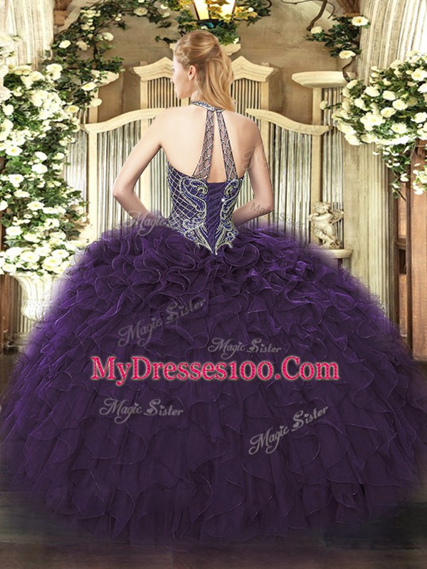 Sleeveless Floor Length Beading and Ruffles Lace Up Quinceanera Dress with Olive Green