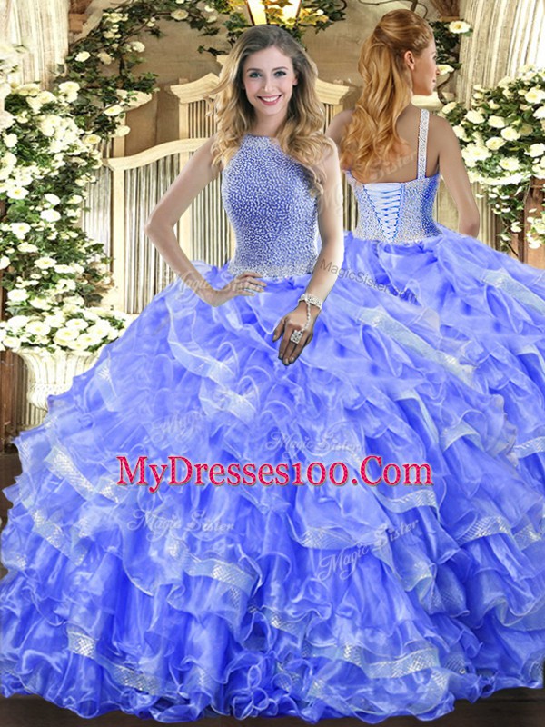 Blue High-neck Lace Up Beading and Ruffled Layers Vestidos de Quinceanera Sleeveless