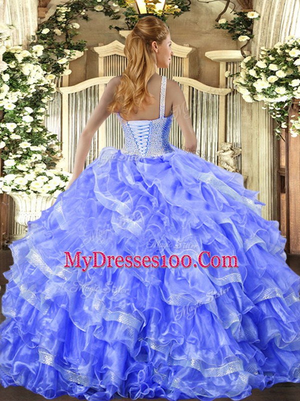 Blue High-neck Lace Up Beading and Ruffled Layers Vestidos de Quinceanera Sleeveless