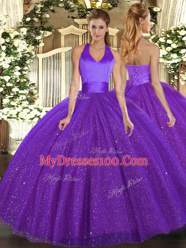 Designer Floor Length Purple Sweet 16 Quinceanera Dress Halter Top Sleeveless Lace Up