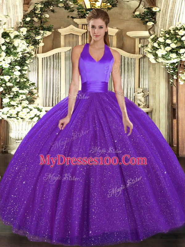 Designer Floor Length Purple Sweet 16 Quinceanera Dress Halter Top Sleeveless Lace Up