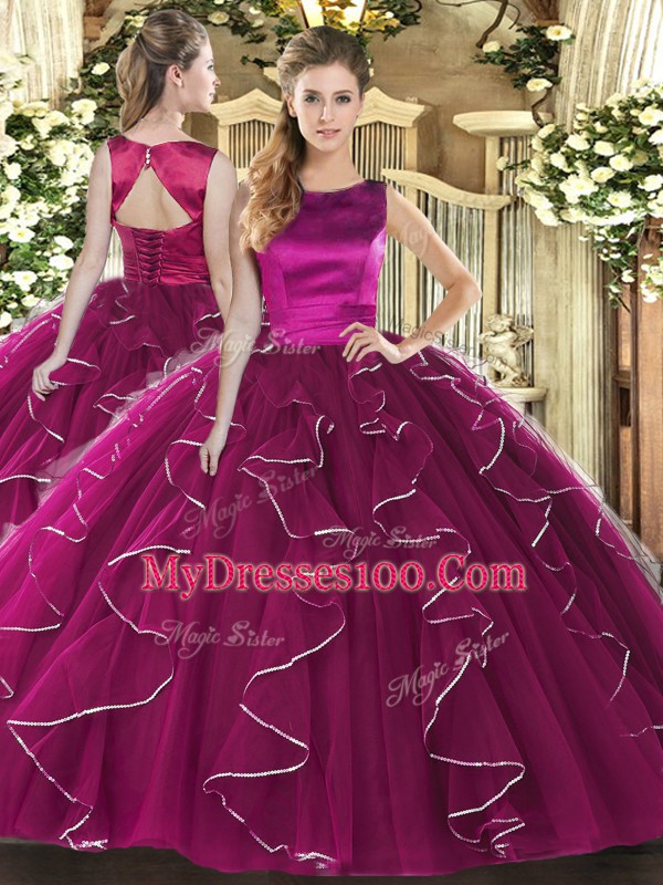 Flare Fuchsia Tulle Lace Up Quinceanera Gowns Sleeveless Floor Length Ruffles
