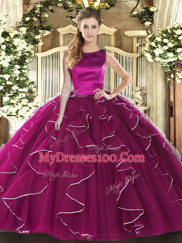 Flare Fuchsia Tulle Lace Up Quinceanera Gowns Sleeveless Floor Length Ruffles