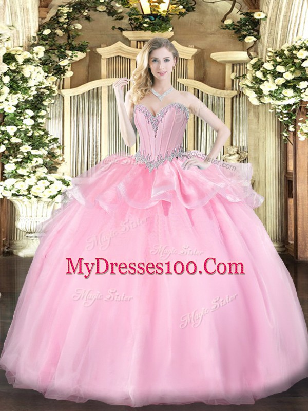 Pink Ball Gowns Organza Sweetheart Sleeveless Beading Floor Length Lace Up 15th Birthday Dress