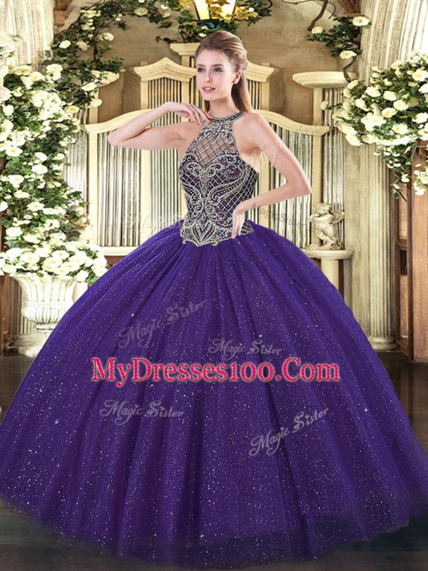 Purple Lace Up Halter Top Beading Ball Gown Prom Dress Tulle Sleeveless