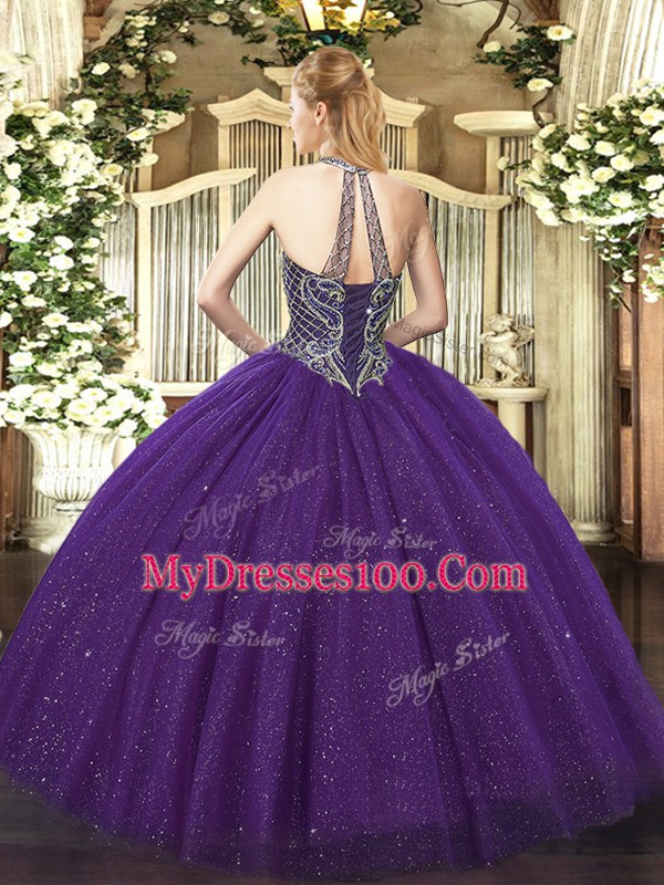 Purple Lace Up Halter Top Beading Ball Gown Prom Dress Tulle Sleeveless