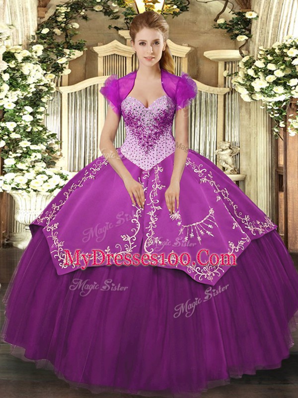 New Style Floor Length Purple Quinceanera Dresses Satin and Tulle Sleeveless Beading and Embroidery