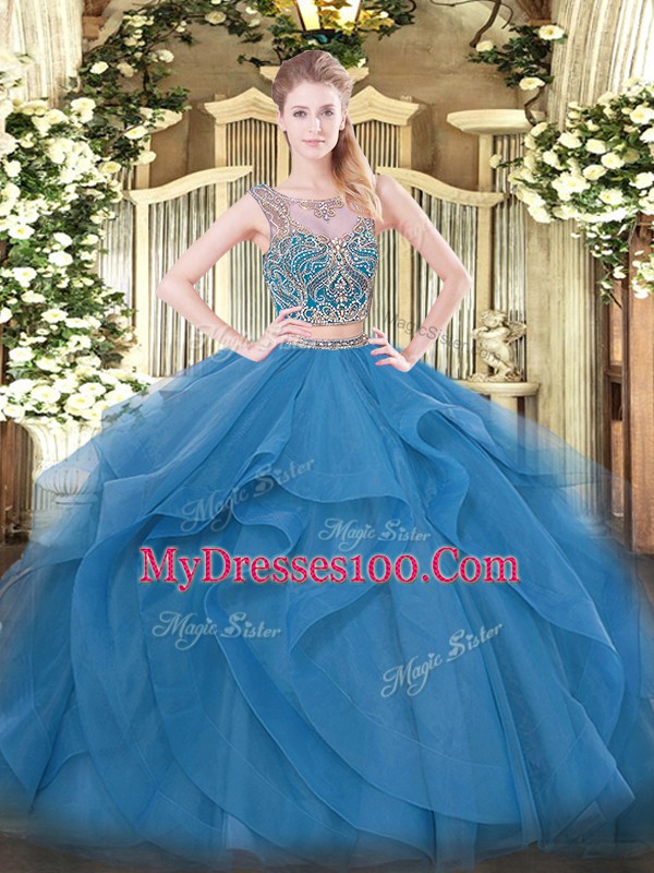Gorgeous Blue Scoop Lace Up Beading and Ruffles 15 Quinceanera Dress Sleeveless