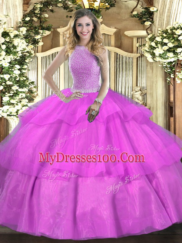 Artistic Lilac Sleeveless Tulle Lace Up Quinceanera Gowns for Military Ball and Sweet 16 and Quinceanera