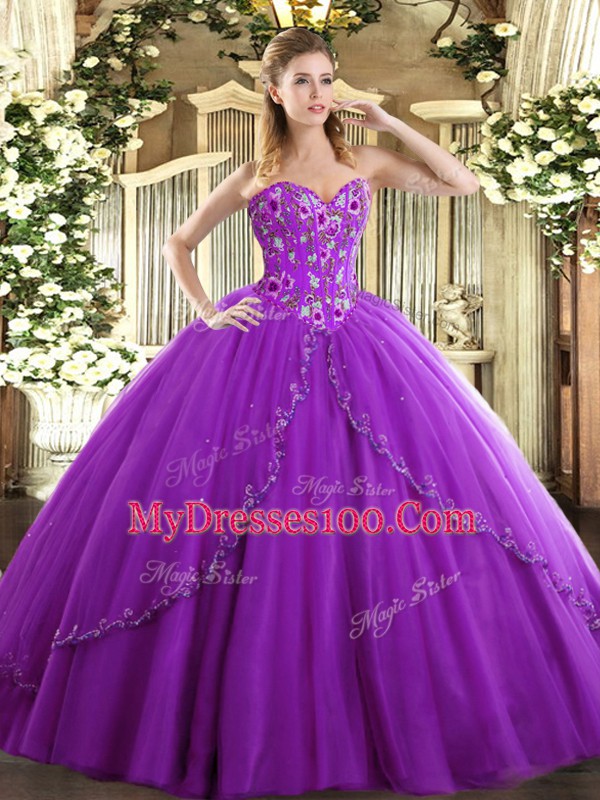 Eggplant Purple Ball Gowns Tulle Sweetheart Sleeveless Appliques and Embroidery Lace Up Quinceanera Gowns Brush Train