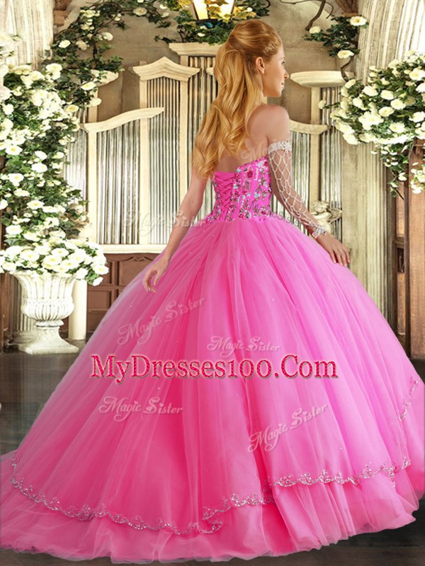 Eggplant Purple Ball Gowns Tulle Sweetheart Sleeveless Appliques and Embroidery Lace Up Quinceanera Gowns Brush Train
