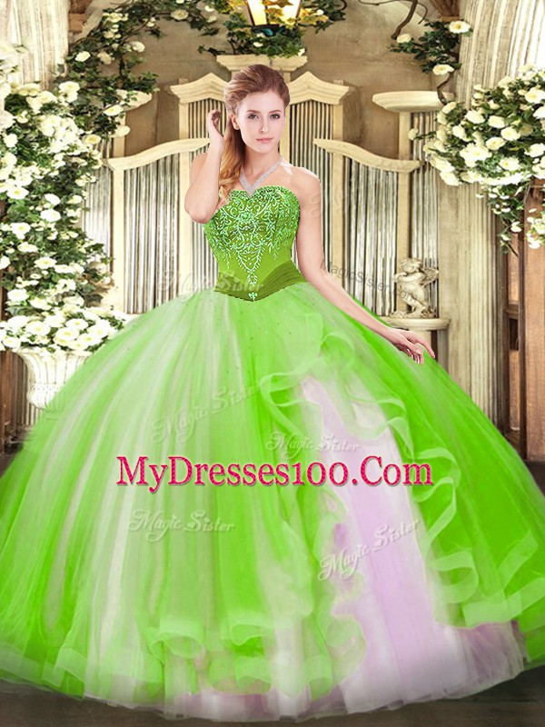 Edgy Tulle Lace Up Strapless Sleeveless Floor Length Sweet 16 Dress Beading and Ruffles