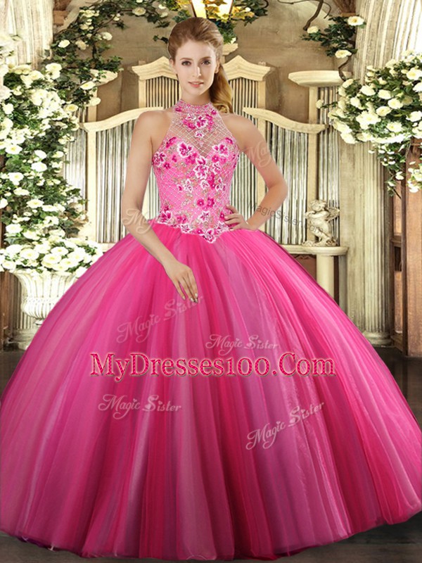 Custom Design Hot Pink Halter Top Neckline Embroidery Quinceanera Dress Sleeveless Lace Up