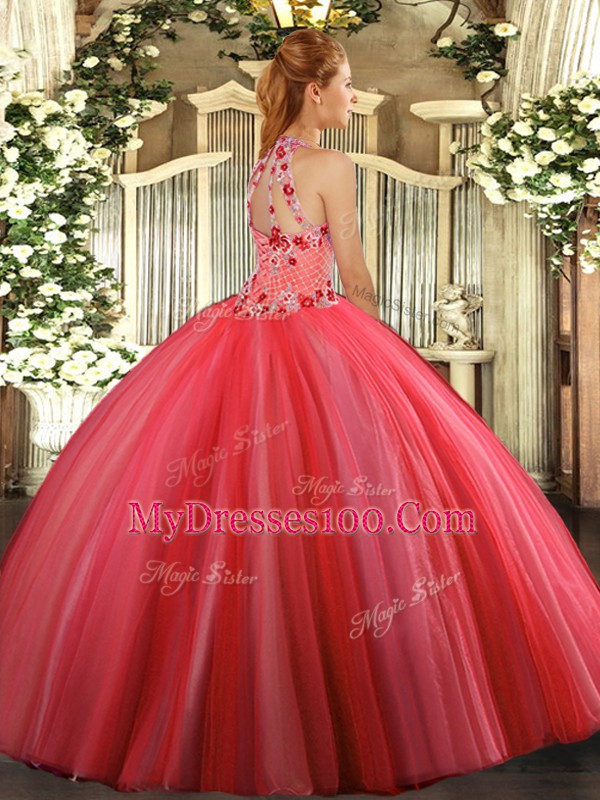 Custom Design Hot Pink Halter Top Neckline Embroidery Quinceanera Dress Sleeveless Lace Up