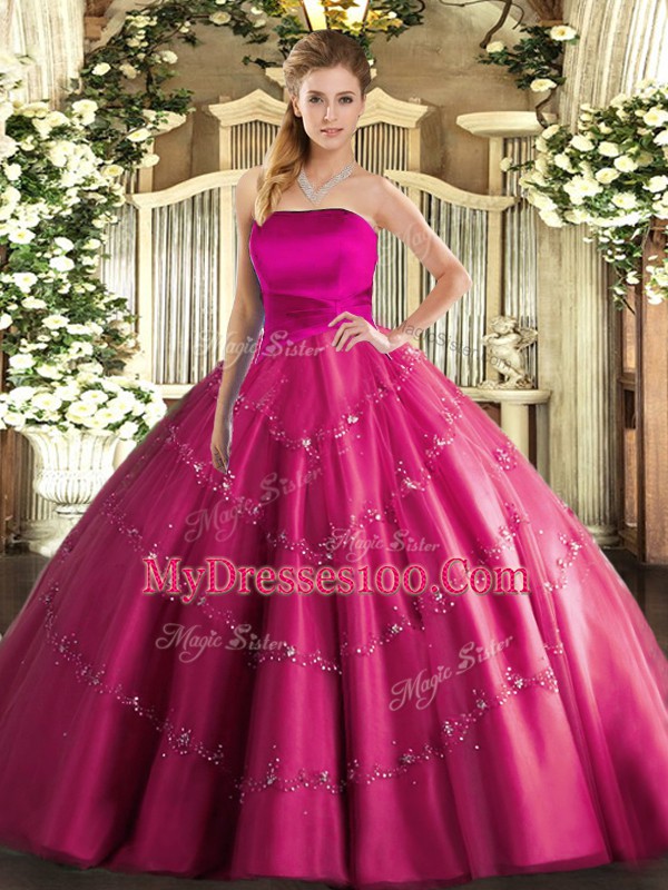 Hot Pink Sleeveless Floor Length Appliques Lace Up Sweet 16 Quinceanera Dress