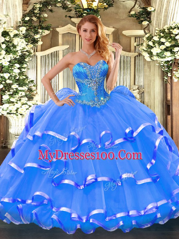 Blue Lace Up Vestidos de Quinceanera Beading and Ruffled Layers Sleeveless Floor Length