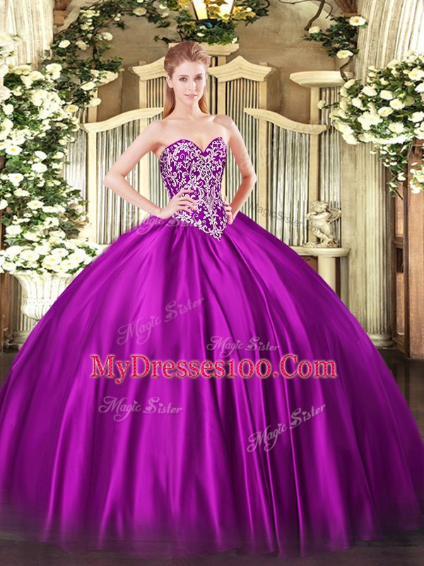Fuchsia Sleeveless Satin Lace Up Ball Gown Prom Dress for Military Ball and Sweet 16 and Quinceanera