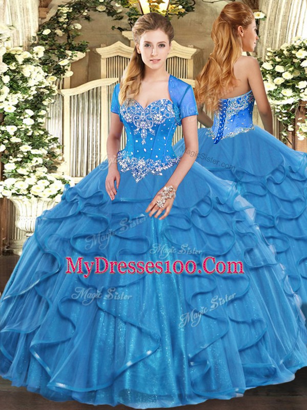 Ball Gowns 15th Birthday Dress Baby Blue Sweetheart Tulle Sleeveless Floor Length Lace Up