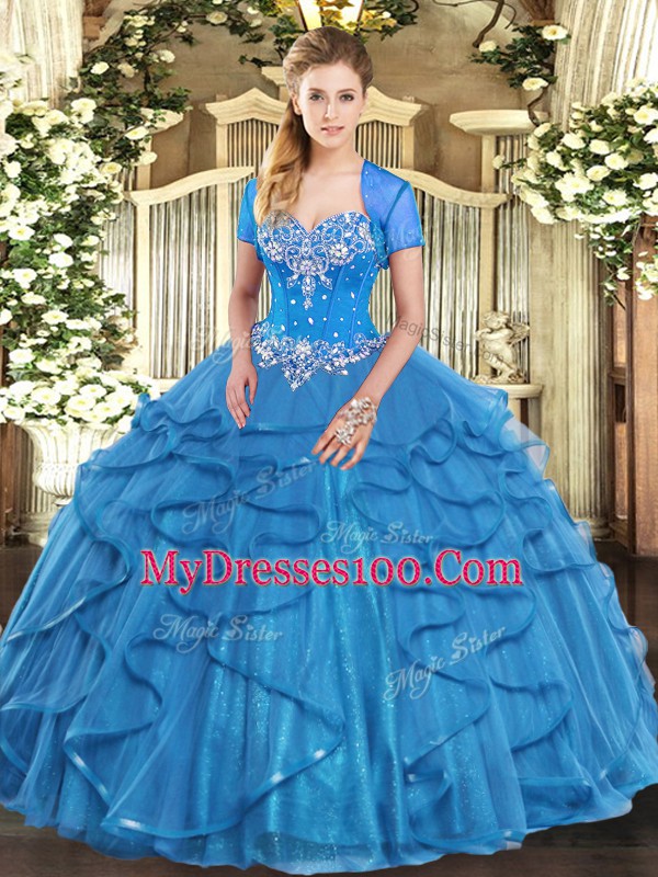 Ball Gowns 15th Birthday Dress Baby Blue Sweetheart Tulle Sleeveless Floor Length Lace Up