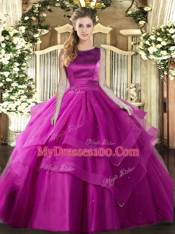 Spectacular Fuchsia Scoop Neckline Ruffles and Ruffled Layers Sweet 16 Dresses Sleeveless Lace Up