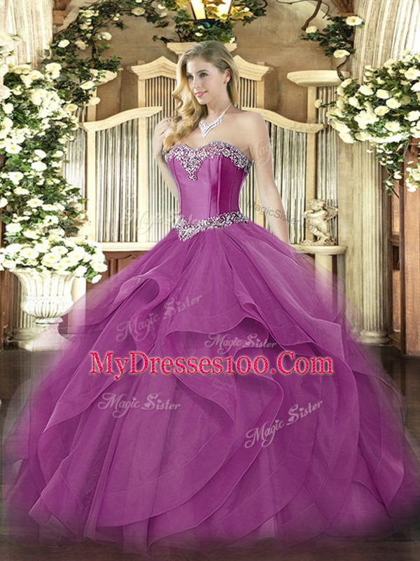 Fuchsia Ball Gowns Beading and Ruffles Quince Ball Gowns Lace Up Tulle Sleeveless Floor Length