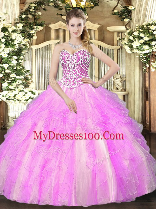 Sleeveless Tulle Floor Length Lace Up 15 Quinceanera Dress in Lilac with Beading and Ruffles