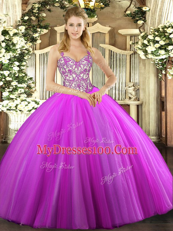 Lilac Tulle Lace Up Straps Sleeveless Floor Length Quinceanera Dresses Beading and Appliques