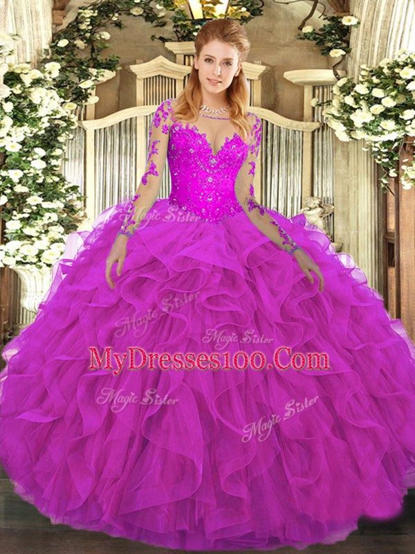 Enchanting Long Sleeves Tulle Floor Length Lace Up Quinceanera Gowns in Fuchsia with Lace and Ruffles