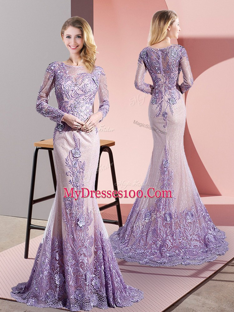 Tulle Scoop Long Sleeves Sweep Train Zipper Beading and Appliques Prom Evening Gown in Lavender